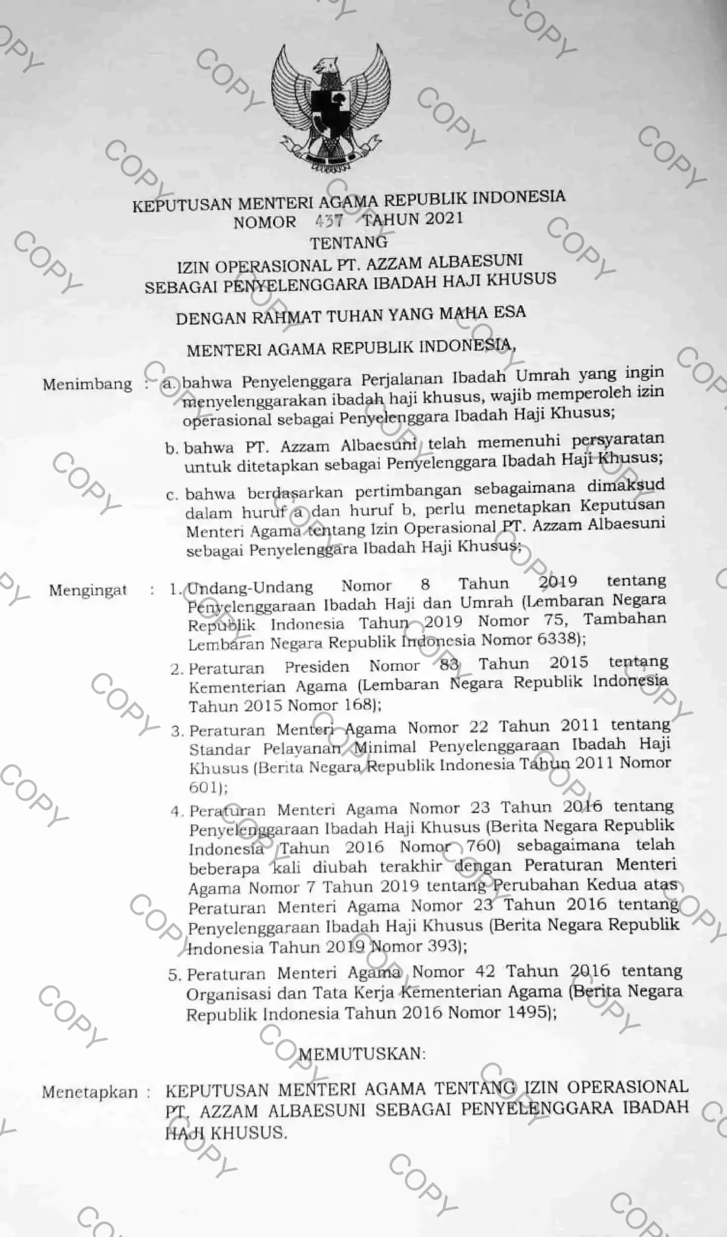 Sertifikat izin PIHK Haji Khusus Azzam Albaesuni