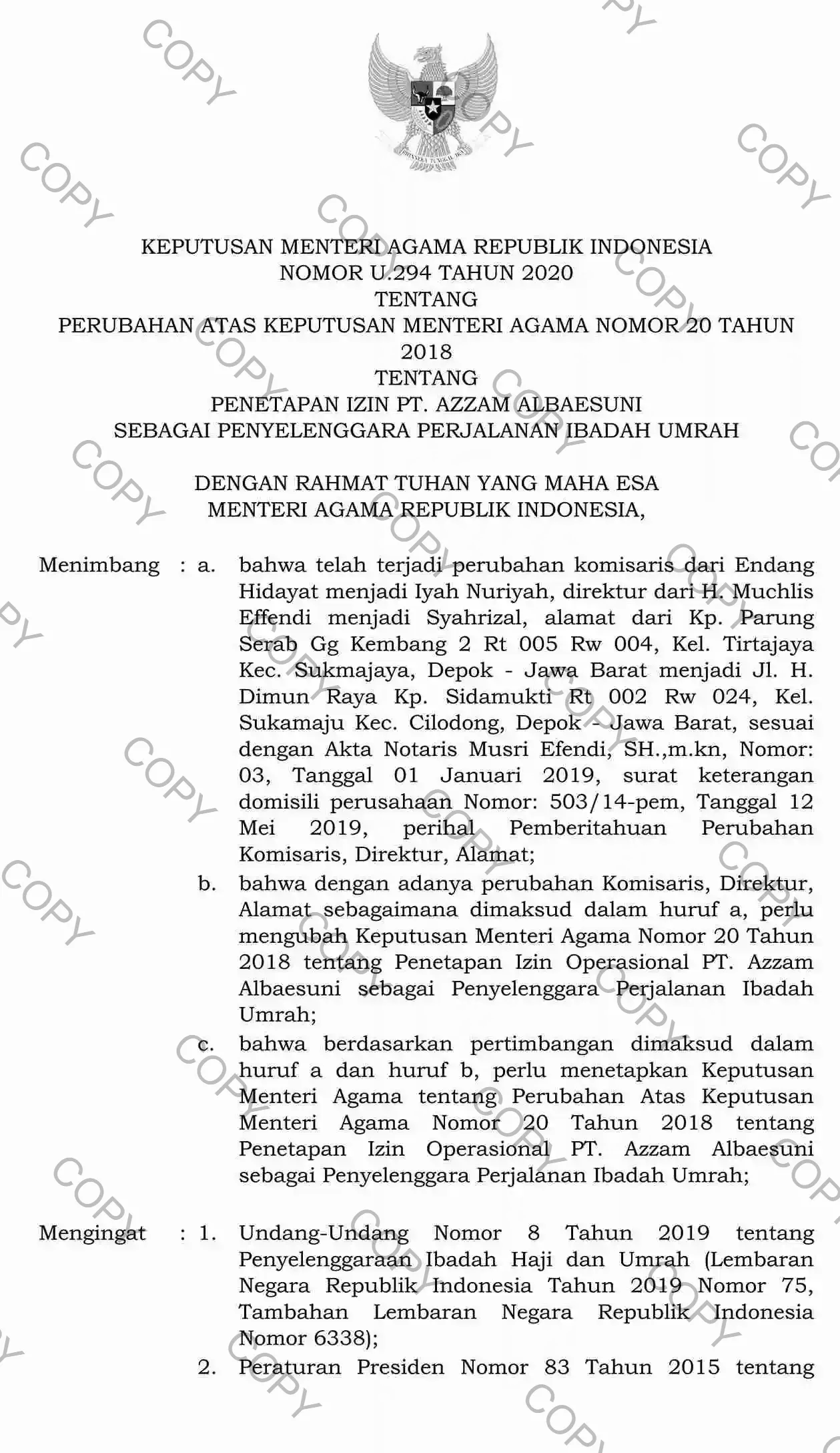 Sertifikat izin PPIU Haji Khusus Azzam Albaesuni